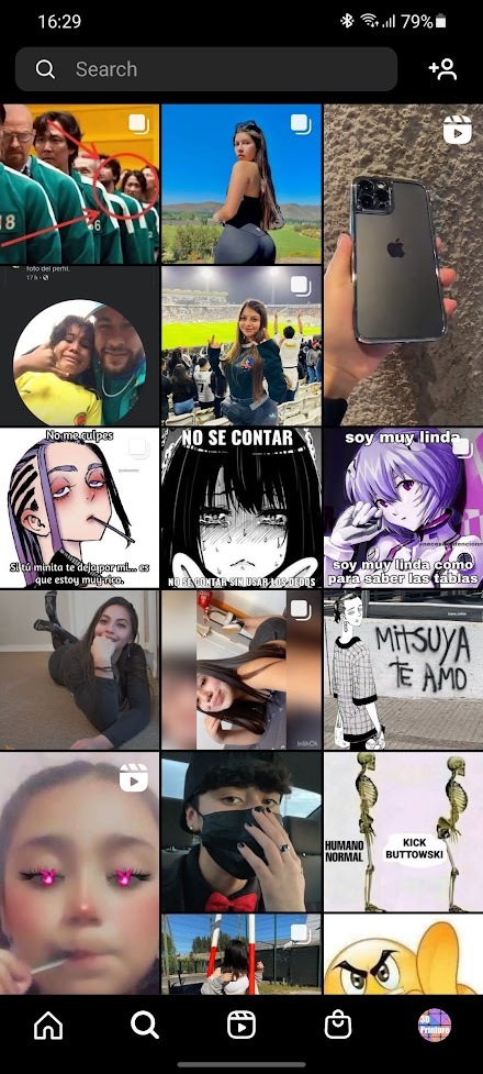 Captura de la pestaña Explorar de Instagram: mujeres, fútbol, tecnología y animé