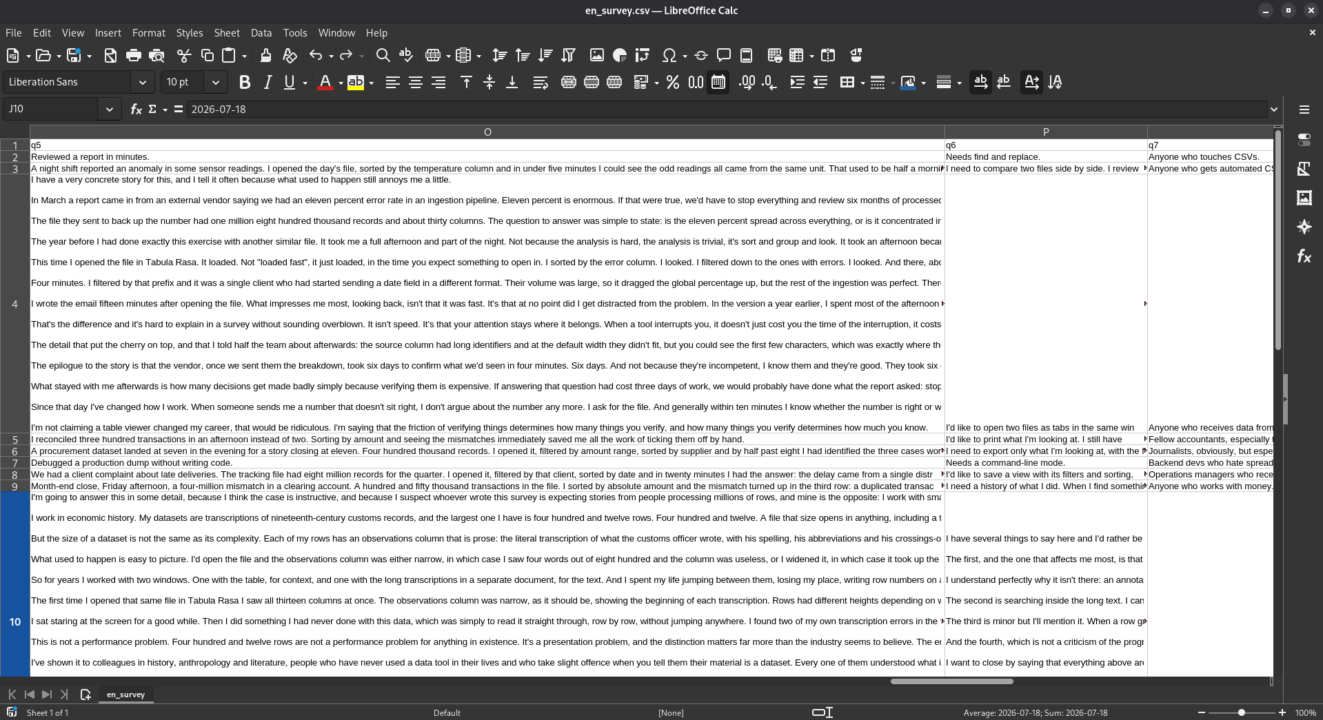 LibreOffice Calc in its light theme with 'en_survey.csv' open, scrolled across to the free-text columns q5, q6 and q7. Every column sits at the same default width, so a long answer can only grow downwards: rows 4 and 10 have swollen into blocks some fifteen lines deep while rows 1 to 3 and 5 to 9 stay a single line each, and every one of those lines is cut off flat at the column border, mid-sentence. The neighbouring columns are blank for the whole height of the two tall rows, leaving broad empty gaps down the page.
